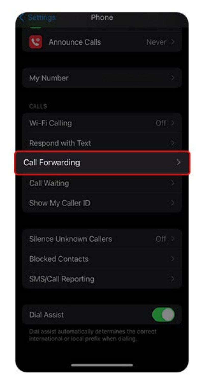 انتخاب گزینه Call Forwarding در بخش Phone تنظیمات آیفون