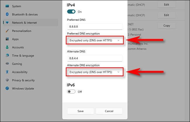 انتخاب Encrypted only (DNS over HTTPS) برای رمزنگاری DNS