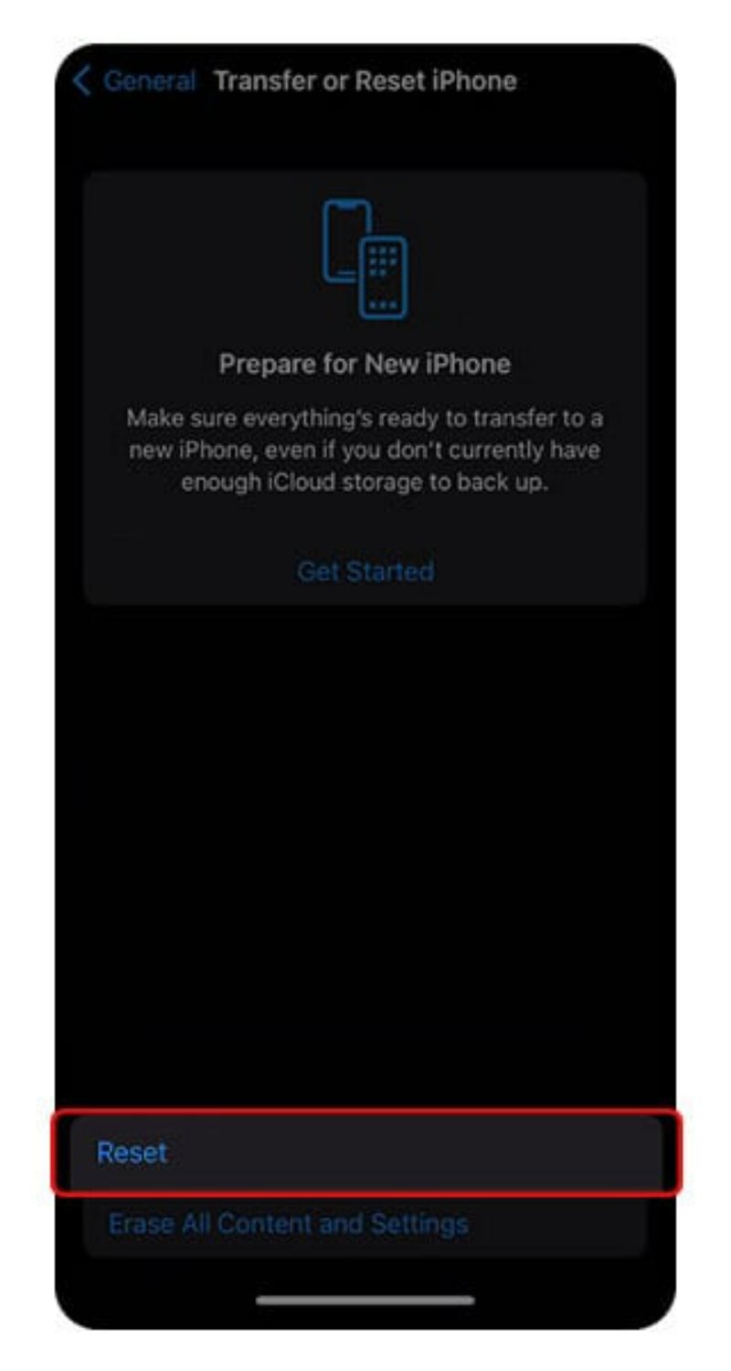 لمس گزینه Reset در صفحه Transfer or Reset iPhone