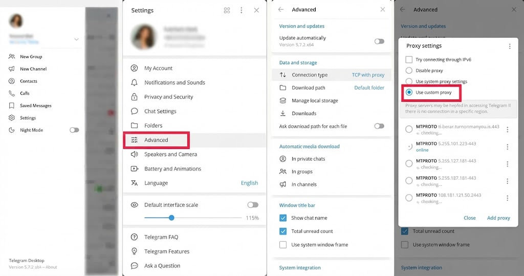 گزینه Connection type و Use custom proxy در تلگرام دسکتاپ