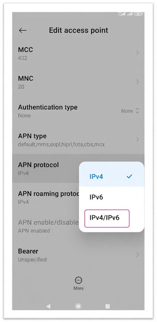 انتخاب گزینه IPv4/IPv6 در بخش APN protocol