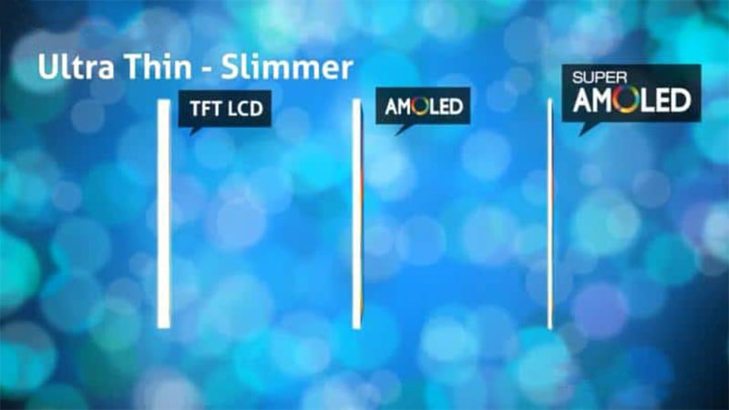 مقایسه ضخامت سه نمایشگر TFT LCD، AMOLED و Super AMOLED