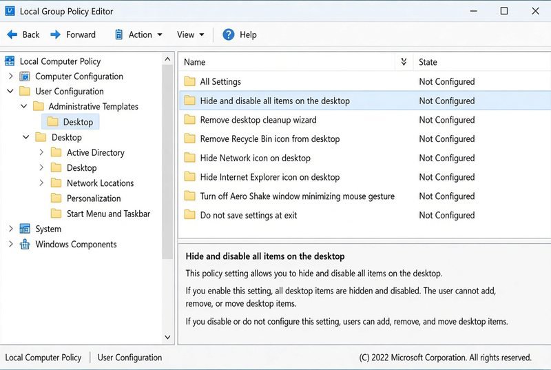 پنجره Local Group Policy Editor برای بررسی سیاست نمایش آیکونهای دسکتاپ پنجره Local Group Policy Editor برای بررسی سیاست نمایش آیکونهای دسکتاپ