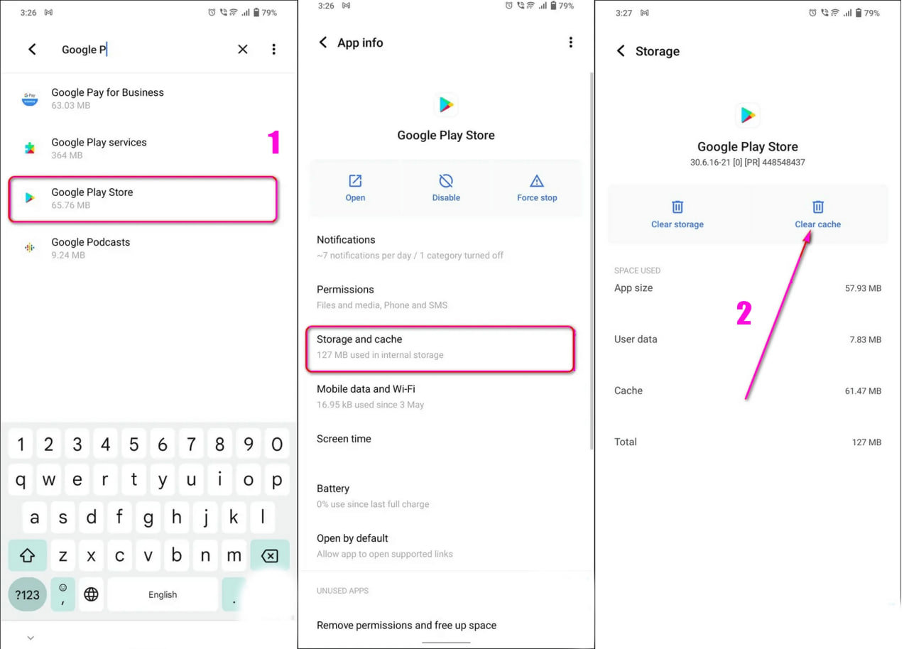 مسیر Google Play Store › Storage and cache › Clear cache در تنظیمات اندروید