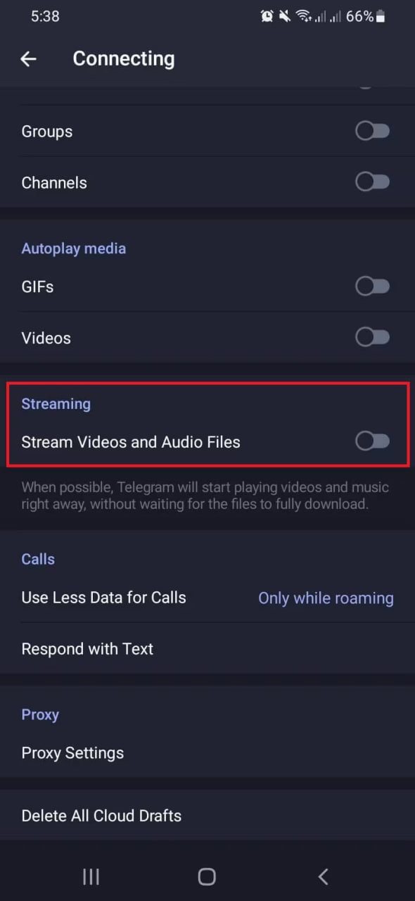 گزینه Stream Videos and Audio Files در تنظیمات Data and Storage تلگرام