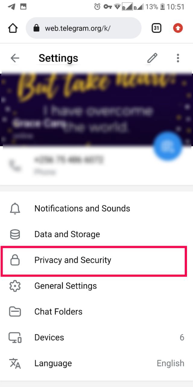 انتخاب بخش Privacy and Security در تنظیمات تلگرام وب انتخاب بخش Privacy and Security در تنظیمات تلگرام وب