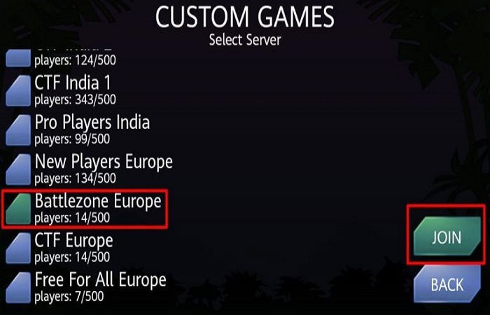 فهرست سرورهای CUSTOM GAMES و دکمه JOIN برای ورود به اتاق فهرست سرورهای CUSTOM GAMES و دکمه JOIN برای ورود به اتاق