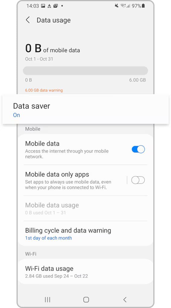 گزینه Data saver در صفحه Data usage سامسونگ