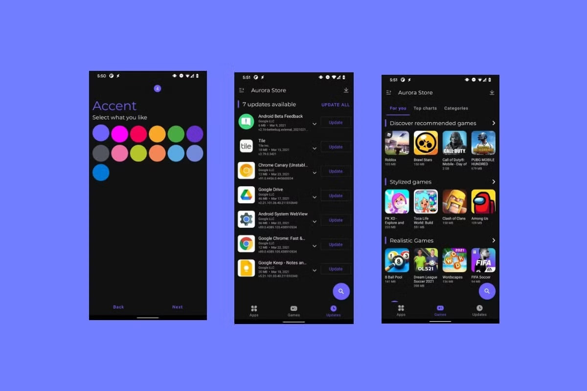محیط برنامه Aurora Store، جایگزین متنباز گوگل پلی