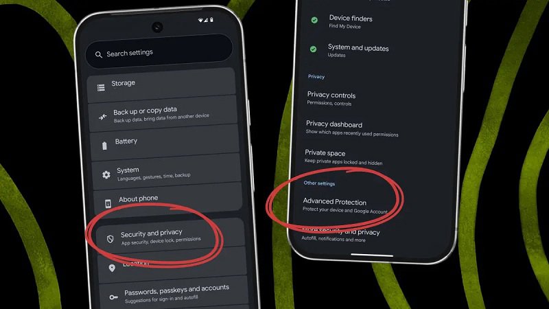 مسیر Security and privacy و گزینه Advanced Protection در تنظیمات اندروید ۱۶