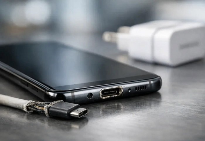گوشی سامسونگ همراه کابل و شارژر روی میز