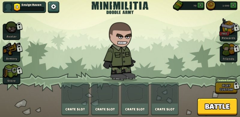 منوی اصلی بازی Mini Militia و بخش&zwnj;های Armory، Store و دکمه Battle