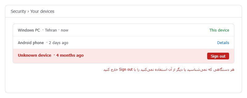 فهرست دستگاه‌های متصل به حساب گوگل و دکمه Sign out برای دستگاه ناشناس