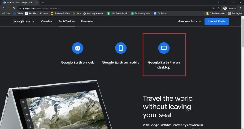 صفحه Earth Versions در سایت گوگل و انتخاب گزینه Google Earth Pro on desktop صفحه Earth Versions در سایت گوگل و انتخاب گزینه Google Earth Pro on desktop