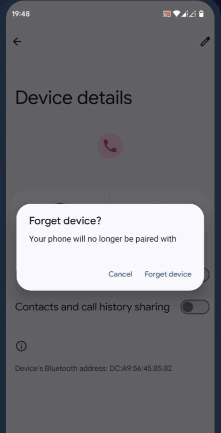 پیام Forget device برای فراموش کردن هندزفری بلوتوثی در اندروید