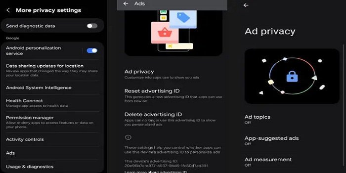 بخش Ad privacy در تنظیمات اندروید و گزینه Delete advertising ID
