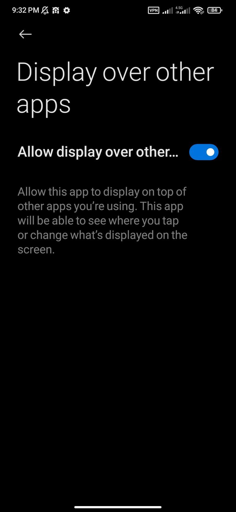 فعال کردن دسترسی Display over other apps از Developer Options فعال کردن دسترسی Display over other apps از Developer Options