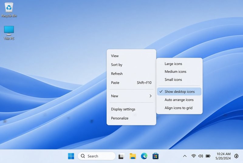 فعال کردن گزینه Show desktop icons از منوی راستکلیک و بخش View روی دسکتاپ فعال کردن گزینه Show desktop icons از منوی راستکلیک و بخش View روی دسکتاپ
