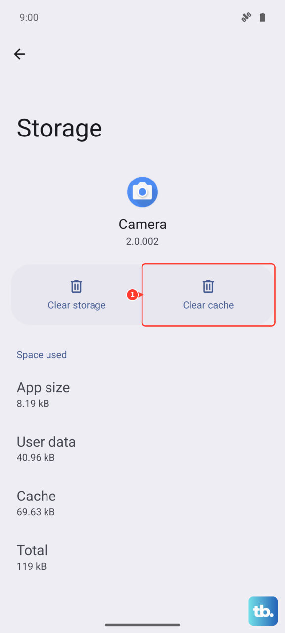صفحه ذخیره&zwnj;سازی برنامه دوربین با گزینه&zwnj;های Clear storage و Clear cache