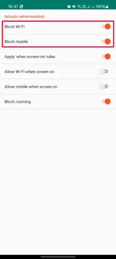 فعالکردن گزینههای Block Wi-Fi و Block mobile در NetGuard فعالکردن گزینههای Block Wi-Fi و Block mobile در NetGuard
