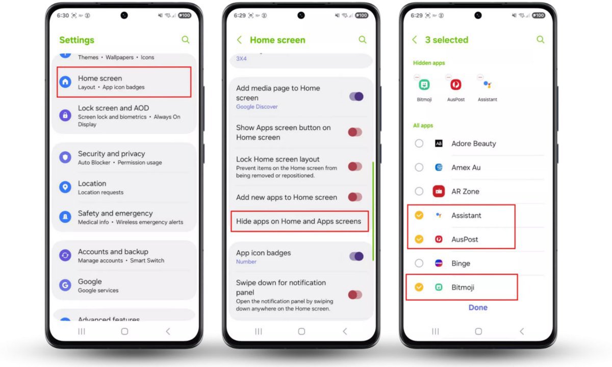 مسیر Home screen › Hide apps on Home and Apps screens در سامسونگ