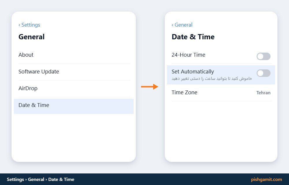 خاموش کردن Set Automatically در مسیر Settings › General › Date & Time آیفون