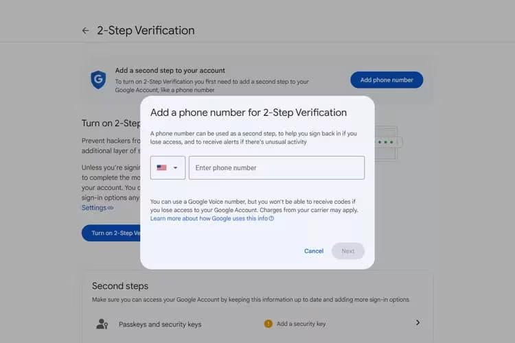 وارد کردن شماره تلفن برای فعالسازی 2-Step Verification در حساب گوگل