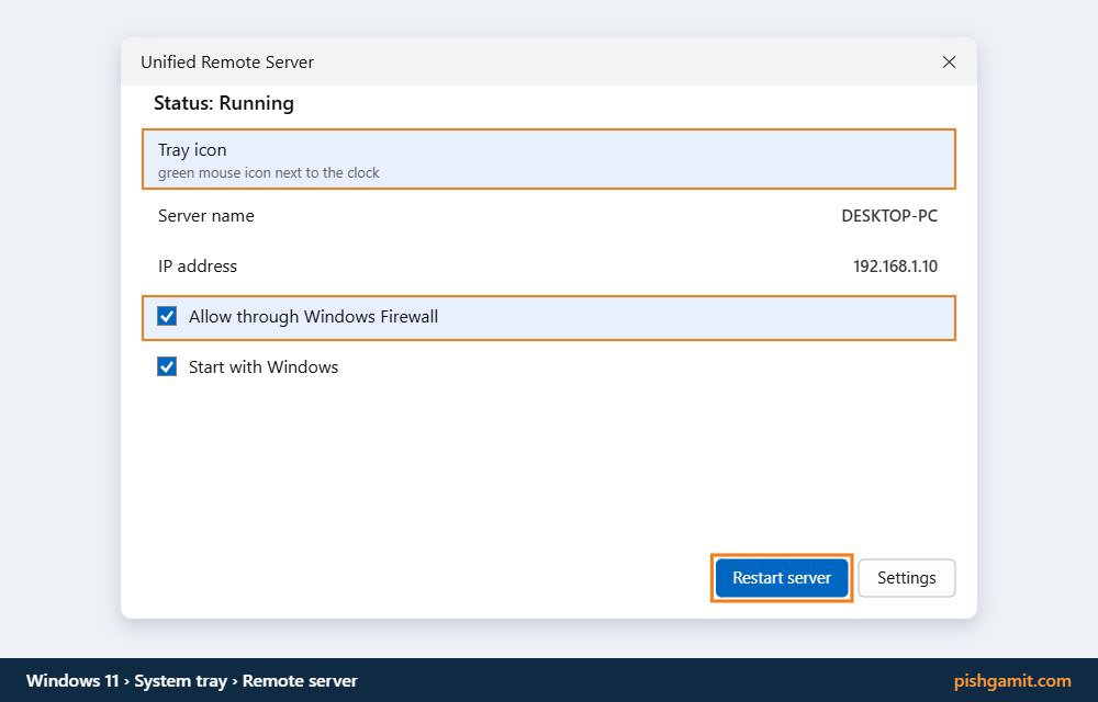 پنجره Unified Remote Server در ویندوز و گزینه Allow through Windows Firewall