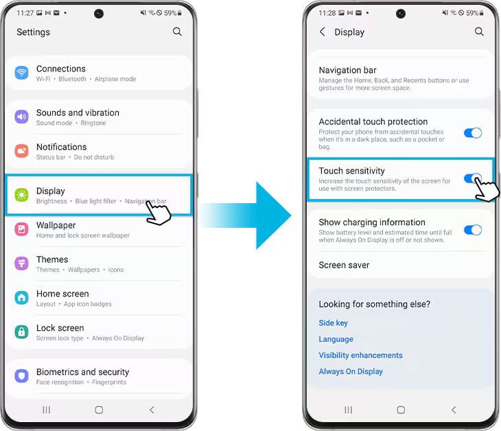 مسیر Settings › Display › Touch sensitivity در گوشی سامسونگ
