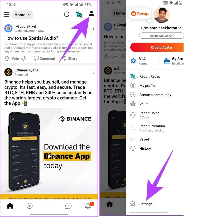 ورود به بخش Settings از پروفایل کاربری در اپلیکیشن ردیت اندروید ورود به بخش Settings از پروفایل کاربری در اپلیکیشن ردیت اندروید