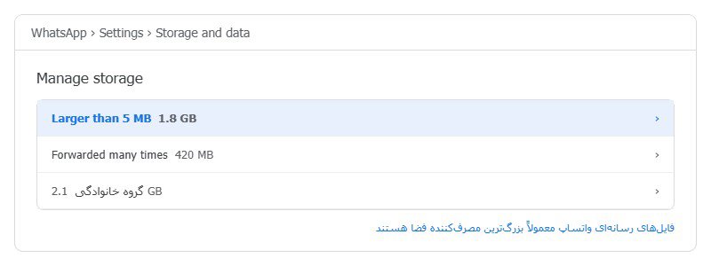 صفحه Manage storage در واتساپ با فهرست فایل&zwnj;های حجیم