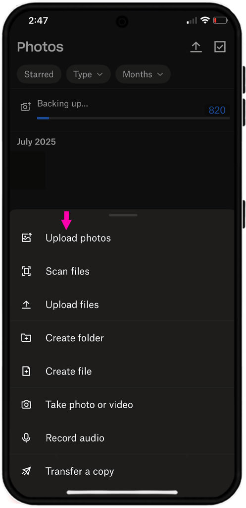انتخاب گزینه Upload files در منوی دراپ&zwnj;باکس آیفون
