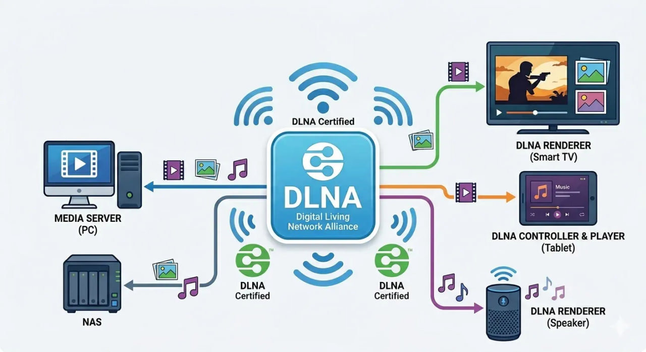 نمودار عملکرد DLNA و ارتباط گوشی، تلویزیون و سرور رسانه در شبکه خانگی