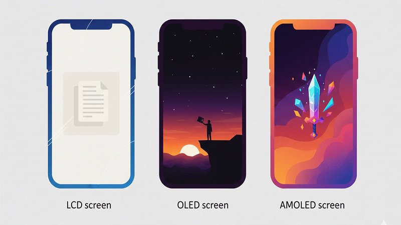تصویر گرافیکی مقایسه سه صفحهنمایش LCD، OLED و AMOLED