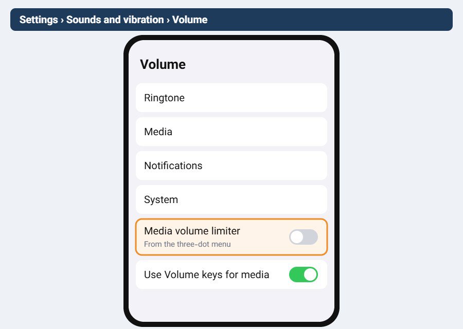 خاموش کردن Media volume limiter در تنظیمات صدای سامسونگ